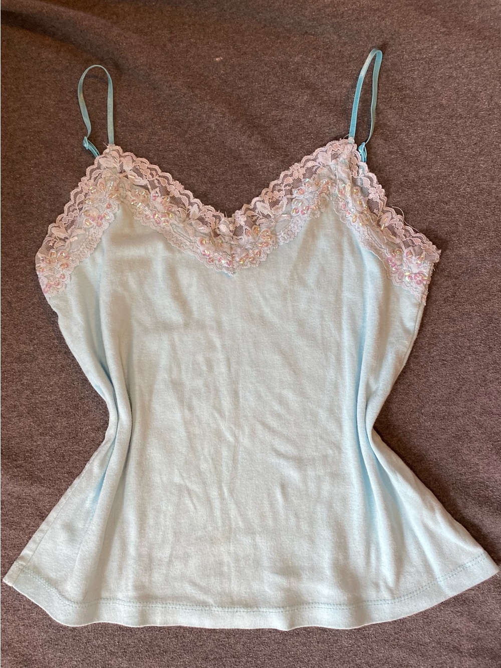 Vintage Sequin Light Blue 90s Y2K 2000s Cotton Lace-Trim Cami